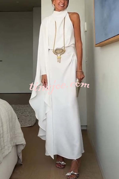 Exquisite Moment High Cowl Neck Irregular Draped Single Sleeve Maxi Dress