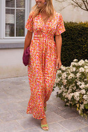 Floral Print V-Neck Short Sleeve Waist Maxi Dress
