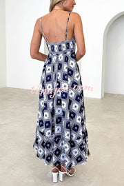 Elide Satin Unique Print Back Smocked Vacation Maxi Dress