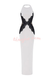 Sexy Halterneck Lace Paneled Backless Slim Maxi Dress