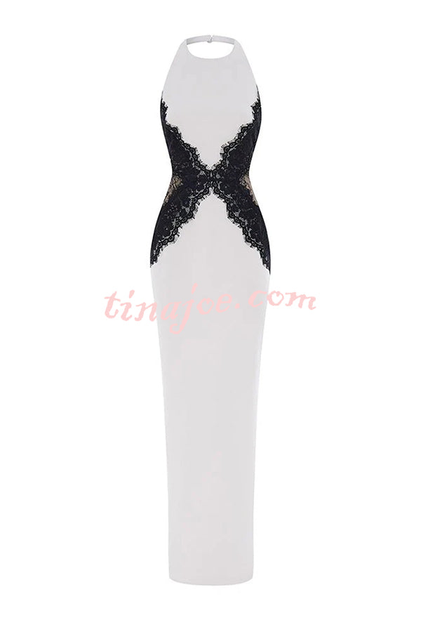 Sexy Halterneck Lace Paneled Backless Slim Maxi Dress