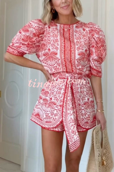 Meadow Song Unique Print Puff Sleeve Top and Elastic Waist Open-front Tie-up Shorts Set
