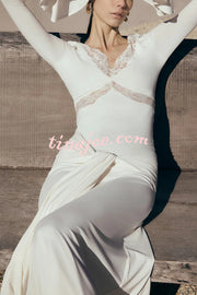 Fashion Lace Splicing Sexy V-neck Long-sleeved Slim Maxi Dress