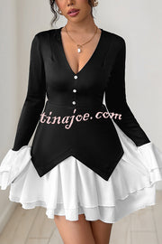 Fashionable Contrast Color Panel Long Sleeve Ruffled Mini Dress