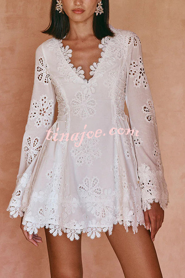Diaz Embroidery Hollow Fabric Delicate Flower Trim Long Sleeve Side Lace-up Mini Dress