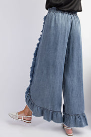 Solid Color Ruffled Elastic Waist Tie Loose Denim Flared Pants