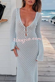 V Neck Button Down Knitted Cutout Long Sleeved Cover Up