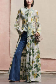Floral Print Tie Neck Balloon Sleeves Elegant Maxi Dress