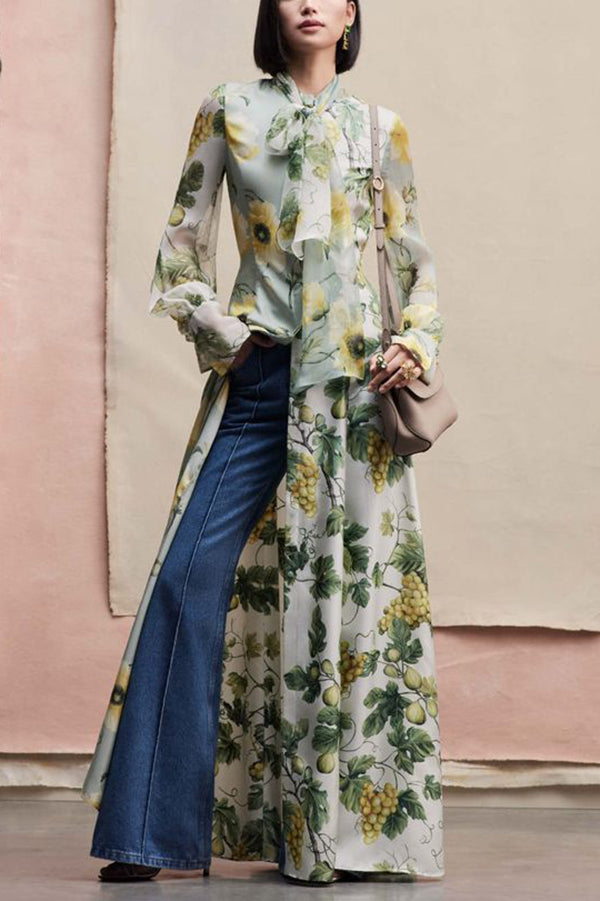 Floral Print Tie Neck Balloon Sleeves Elegant Maxi Dress