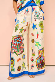 Vibrant Beach Satin Unique Print Colorblock Trim Elastic Waist Pocketed Wide Leg Pants