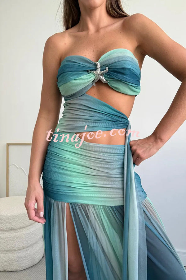 Soleil Mesh Printed Starfish Pendant Ruched Cutout Off Shoulder Maxi Dress