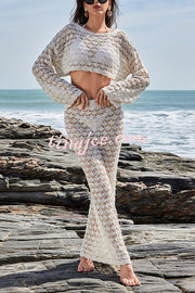 Solid Color Knitted Crew Neck Long Sleeve Top and Beach Cutout Cover Up Maxi Skirt Set