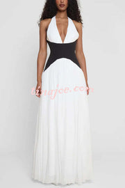 Fashionable Color Matching Sexy Halter Neck Waist Maxi Dress