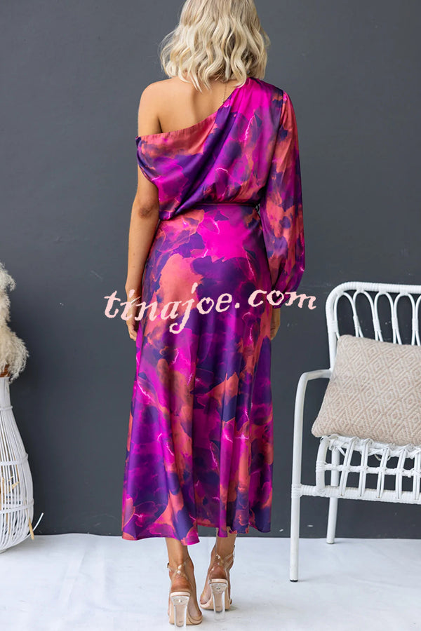 Winona Satin Floral Print One Shoulder Balloon Sleeve Tie-up Maxi Dress