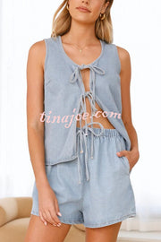 Solid Color Sleeveless Tie Top and Elastic Waist Loose Pocket Denim Shorts Set