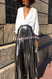 Fashionable Metallic Pleated Back Elastic Waist Maxi Skirt