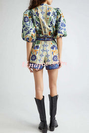 Elouise Linen Blend Unique Print Button Puff Sleeves Tie-up Pocketed Romper