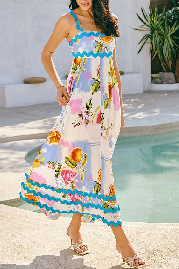 Vivi Fruit Floral Print Wave Pocket Maxi Dress