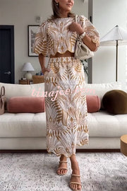 Korra Linen Blend Unique Print Wave Trim Bell Sleeve Top and Elastic Waist Pocket Midi Skirt Set