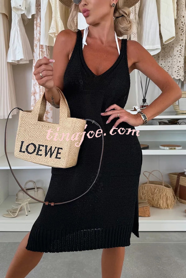 Solid Color V-Neck Sleeveless Casual Pocket Knitted Midi Dress