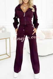 Solid Color Hooded Zip-up Jacket and Elastic Waist Pocket Wide-leg Pants Set