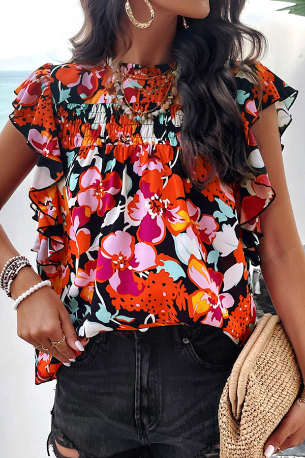 Floral Print Pleated Crew Neck Pullover Top