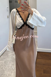 Lainei Contrast Color Satin Lace Trim V-neck Long Sleeve Maxi Dress