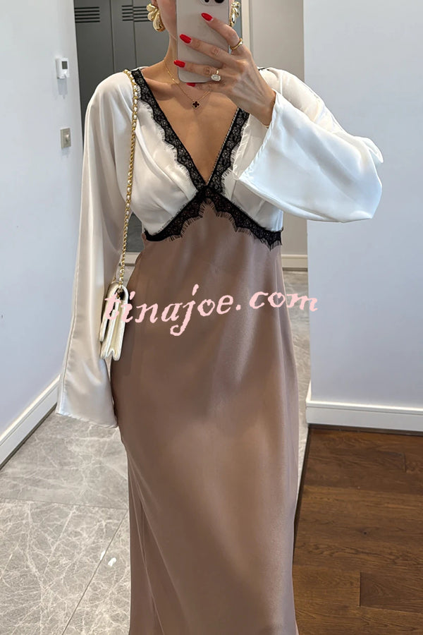 Lainei Contrast Color Satin Lace Trim V-neck Long Sleeve Maxi Dress