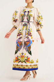 Garden Party Unique Heaven Bird Print Puff Sleeve Pocketed Loose Midi Dress