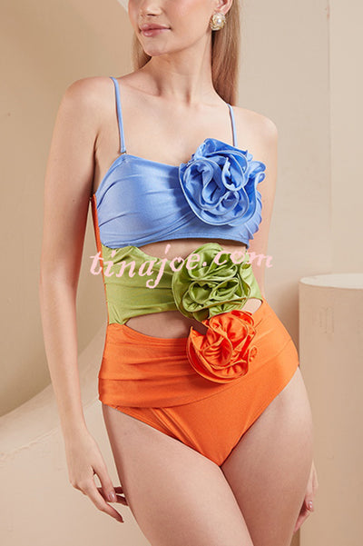 Fashionable Color-blocked Floral Decoration Hollow Stretch One-piece Swimsuit