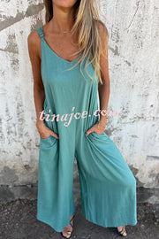 Linen Blend Solid Color Suspenders Loose Pockets Casual Wide-leg Jumpsuit