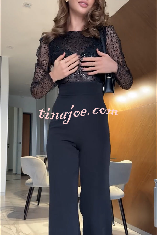 Seleia Tulle Sequin Patchwork Long Sleeve Wide Leg Stretch Jumpsuit