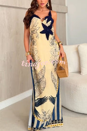 Esra Crochet Floral Linen Blend Unique Print Back Tassle Slit Maxi Dress