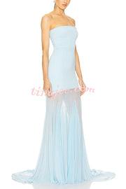 Blue Sky Off Shoulder Contrast Sheer Mesh Fabric Stretch Maxi Dress