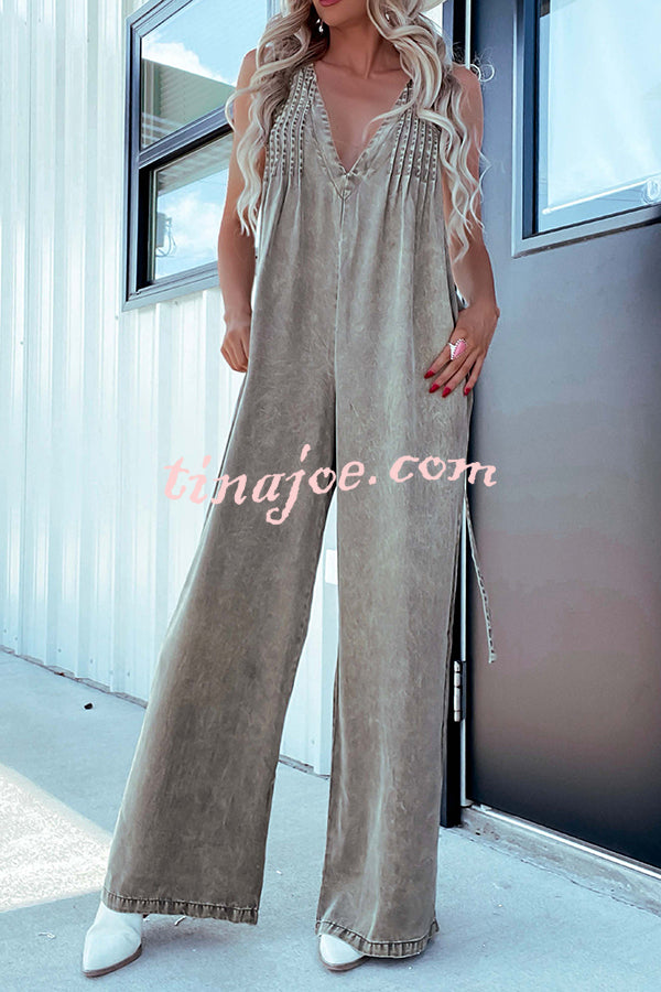 Solid Color Sexy V-neck Open Back Pleated Loose Denim Jumpsuit