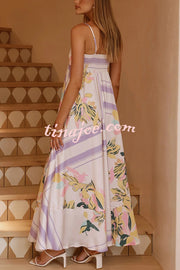Botanical Print Square Neck Suspender Casual Full Hem Maxi Dress