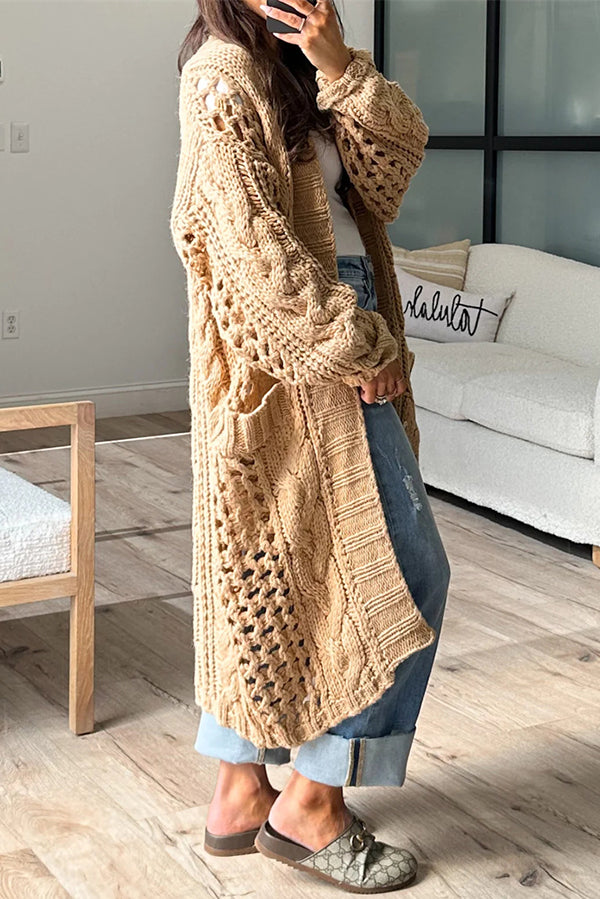 Jamila Knit Cable Cotout Long Sleeve Pocket Oversized Midi Cardigan