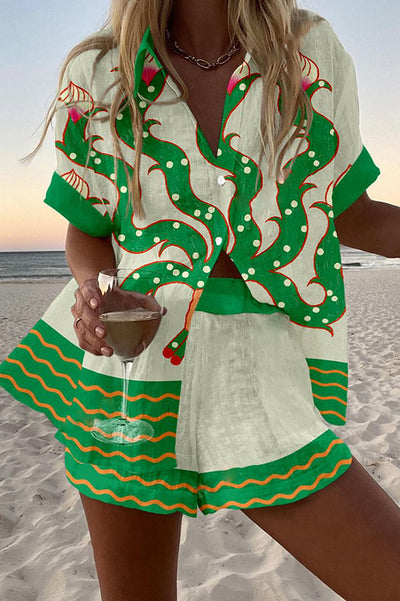 Exotic Plant Print Loose Button Elastic Waist Shorts Set