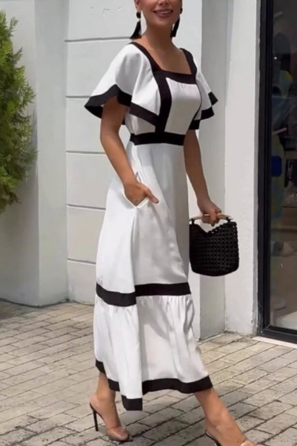 Fashionable Contrast Color Stitching Square Neck Ruffle Sleeves Maxi Dress