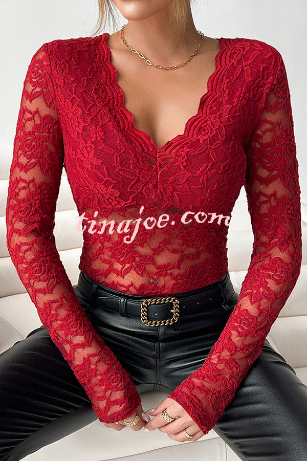 Solid Color Lace V-neck Long-sleeved Slim-fit Top