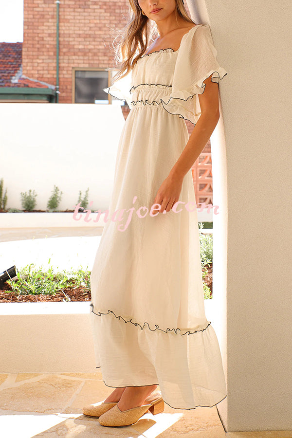 Fashion Square Neck Open Back Pleated Waist Maxi Dress