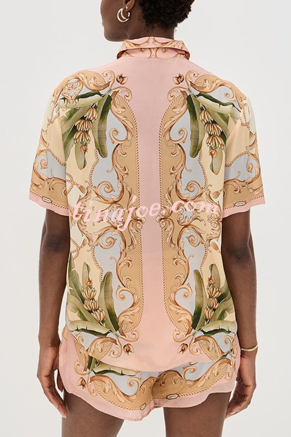 Royalty Unique Print Button Up Short Sleeve Shirt and Elastic Waist Pocketed Loose Shorts Set