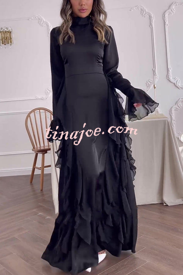 Cline Solid Color High Neck Long Sleeve Elegant Ruffles Maxi Dress