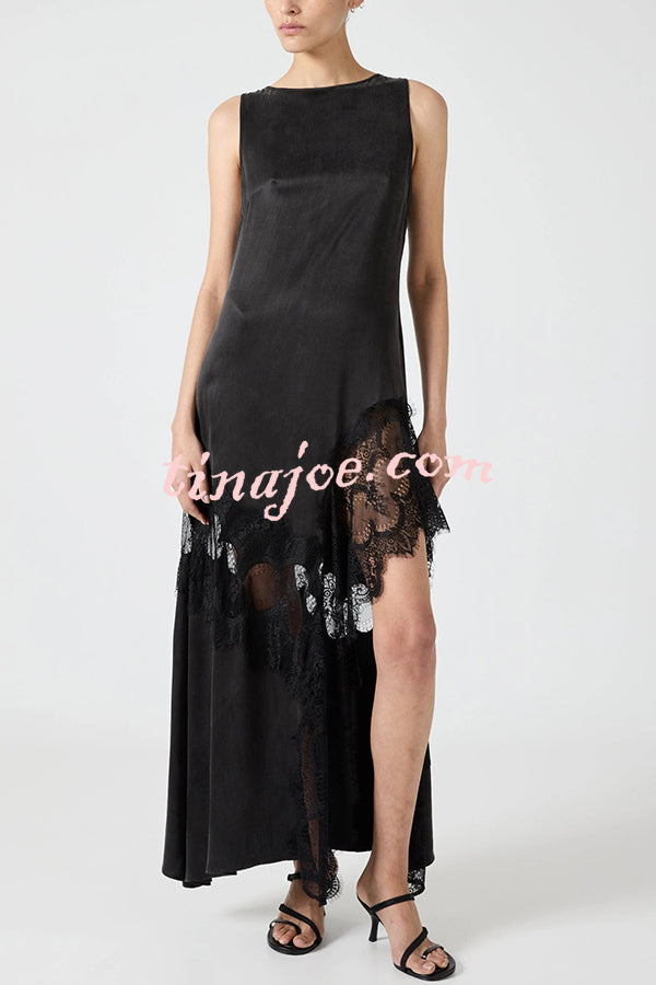 Pretty Soul Satin Lace Trim Wide Neck Irregular Hem Slit Maxi Dress