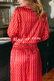 Satin Wave Print Long Sleeve Bow Shirt and Elastic Waist Loose Pants Set