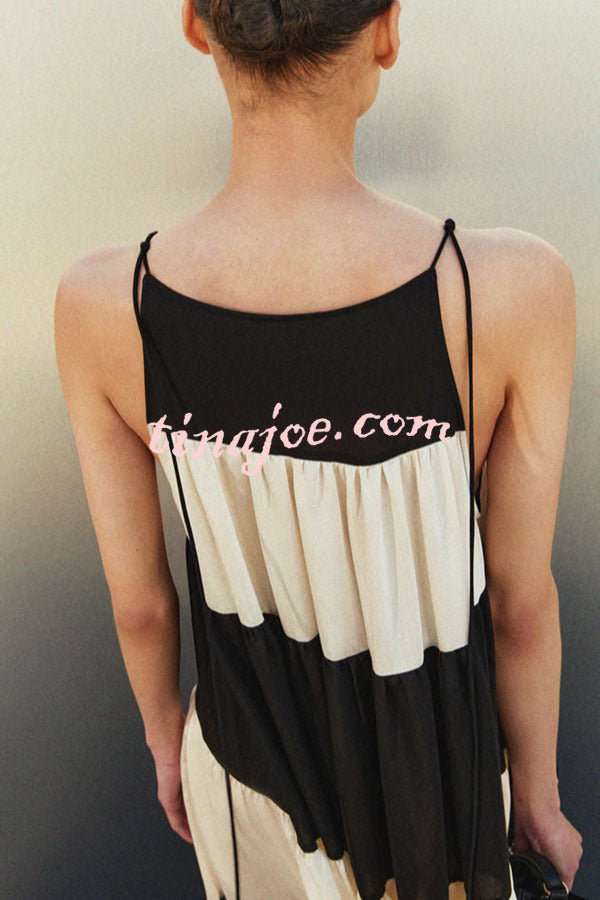 Meila Colorblock Tie-strap Gathered Tiers A-line Maxi Dress