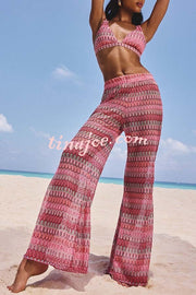 Beach Style Knit Unique Print Long Sleeve Kimono Shirt and Stretch Wide Leg Pants Set