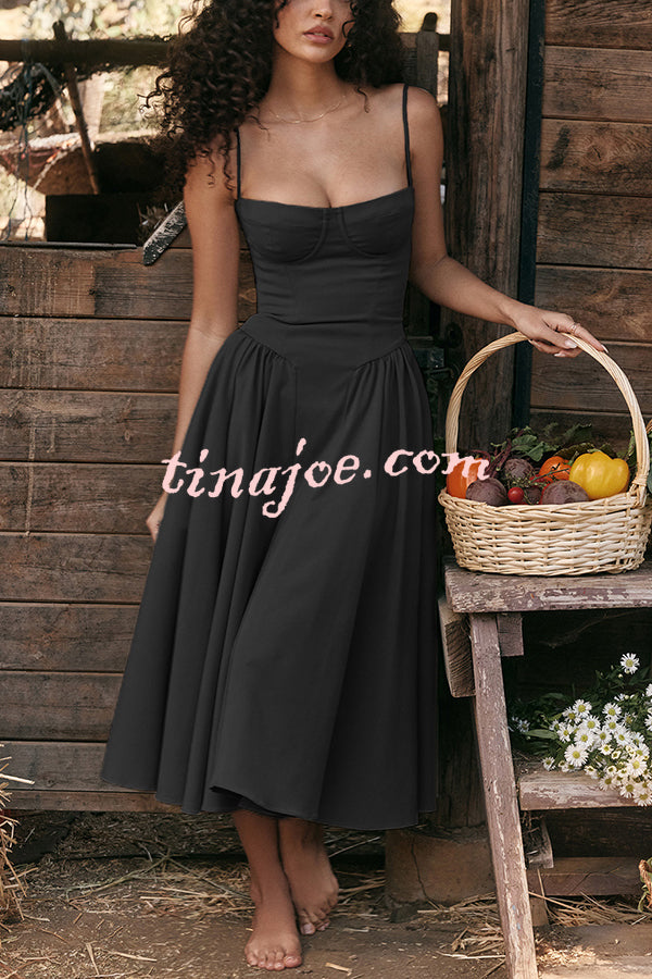 Solid Color Vintage Slim Fit Suspender Pocket Midi Dress