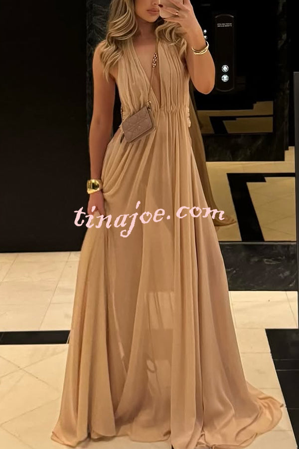 Ethereal Moment Tulle Cutout Ruched Waist Backless Halter Maxi Dress