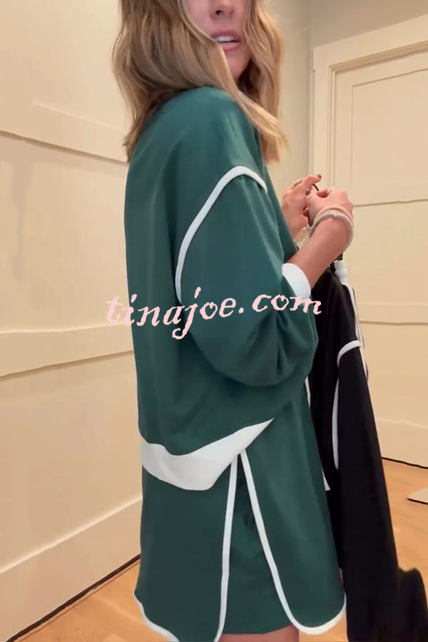 Fashion Round Neck Long Sleeve Spliced Casual Top and Elastic Waist Loose Shorts Set